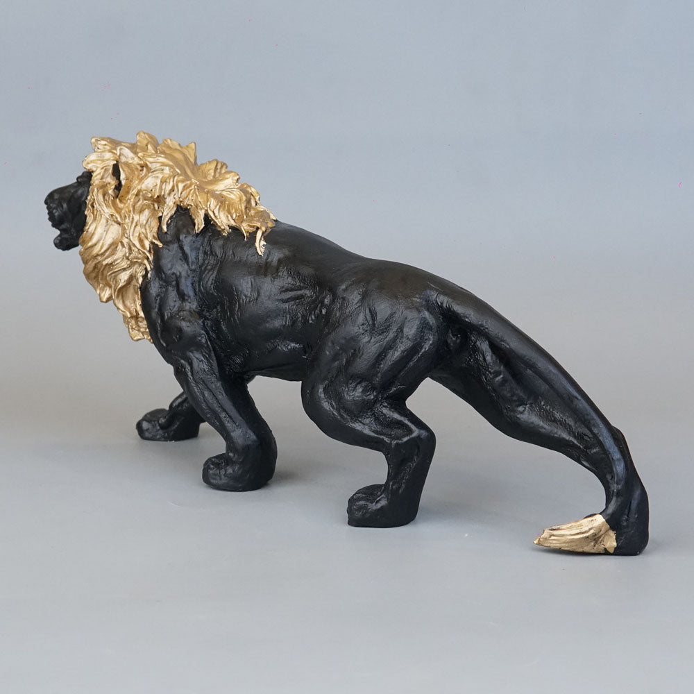 Regal Stalking Lion on Base Statue - Black & Gold