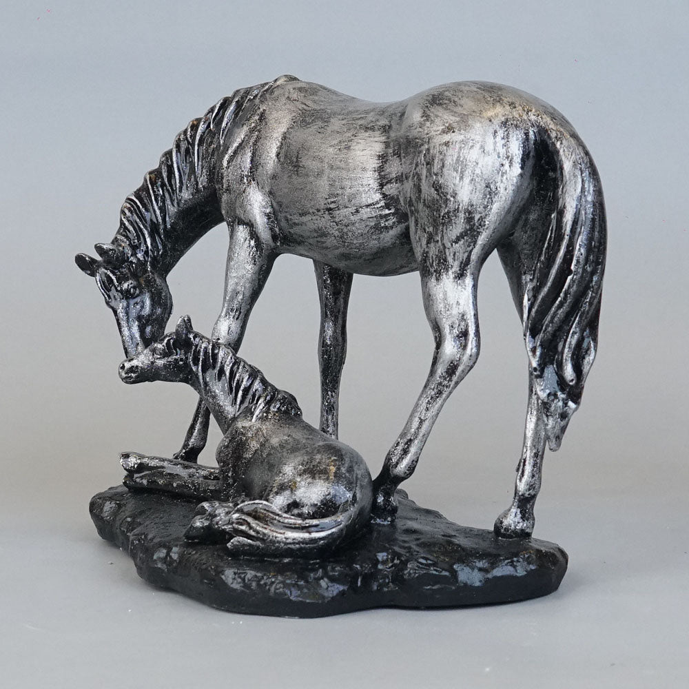Royal Mare and Foal Decor Statue - Antique Silver