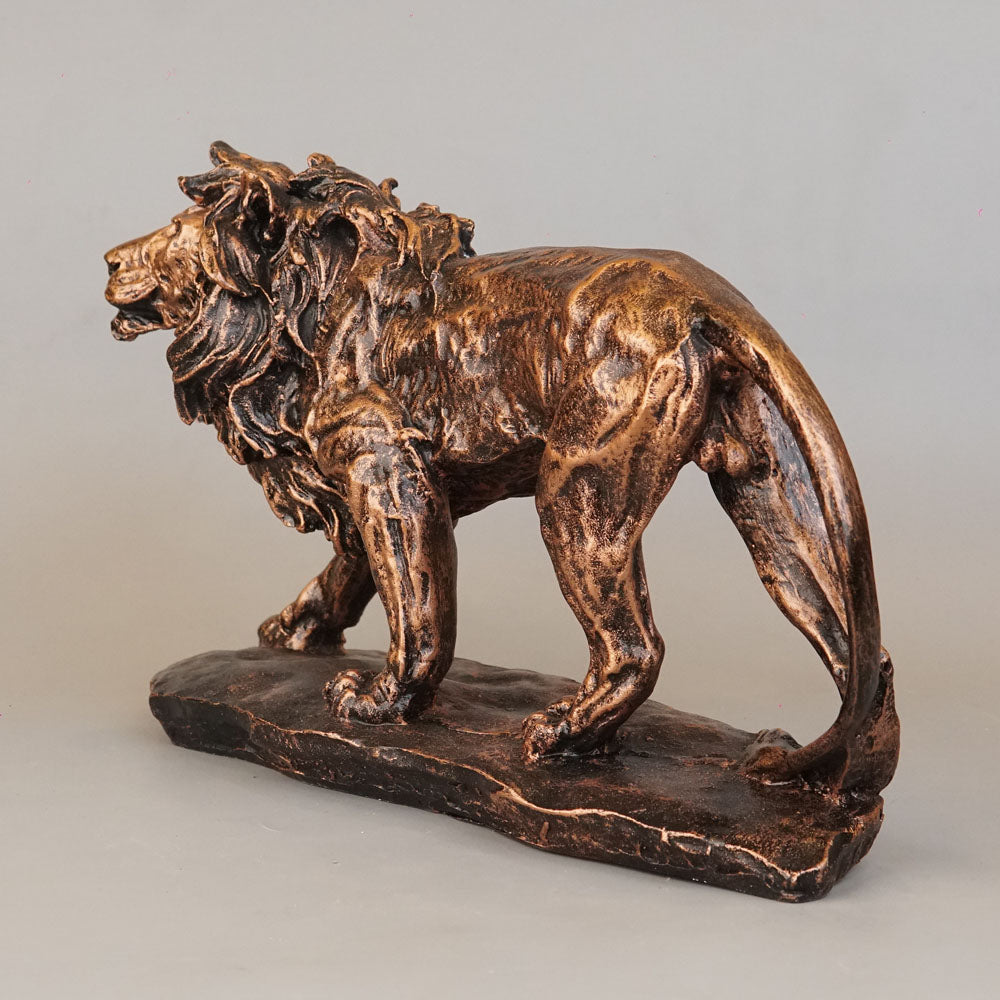 Regal Stalking Lion on Base Statue - Antique Copper