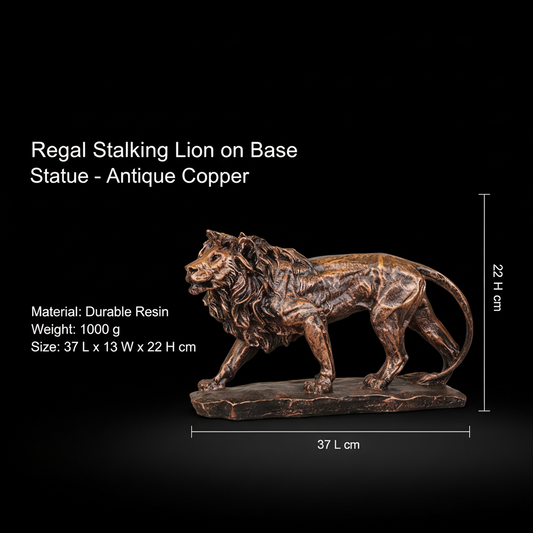 Regal Stalking Lion on Base Statue - Antique Copper