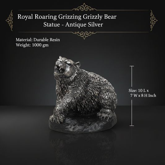 Royal Roaring Grizzly Bear Statue - Antique Silver