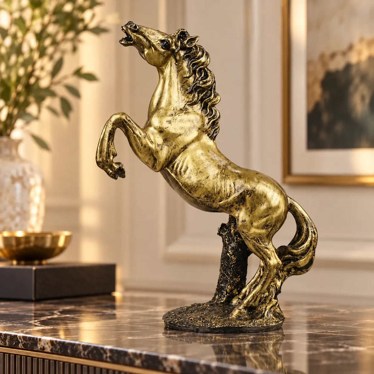 Grand Rearing Horse Decor Statue - Antique Brass