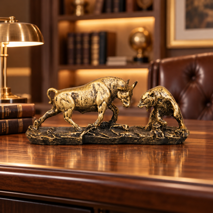 Royal Bull and Bear Market Duel - Antique Brass