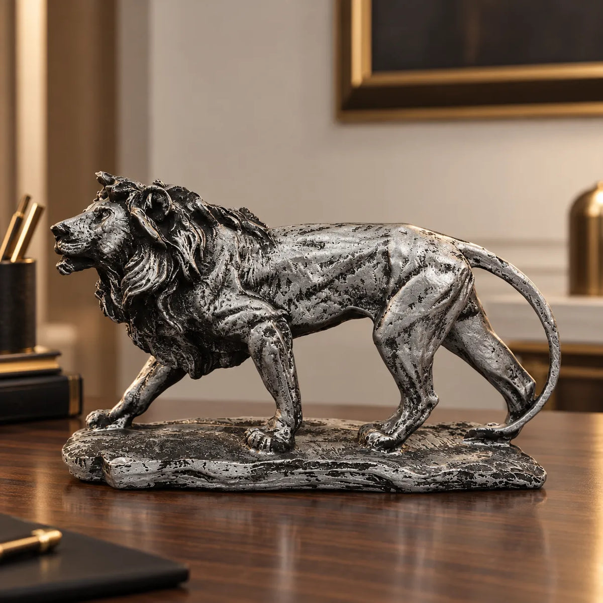 Regal Stalking Lion on Base Statue-antique silver
