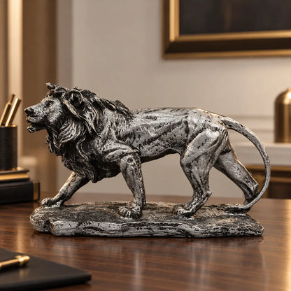 Regal Stalking Lion on Base Statue-antique silver