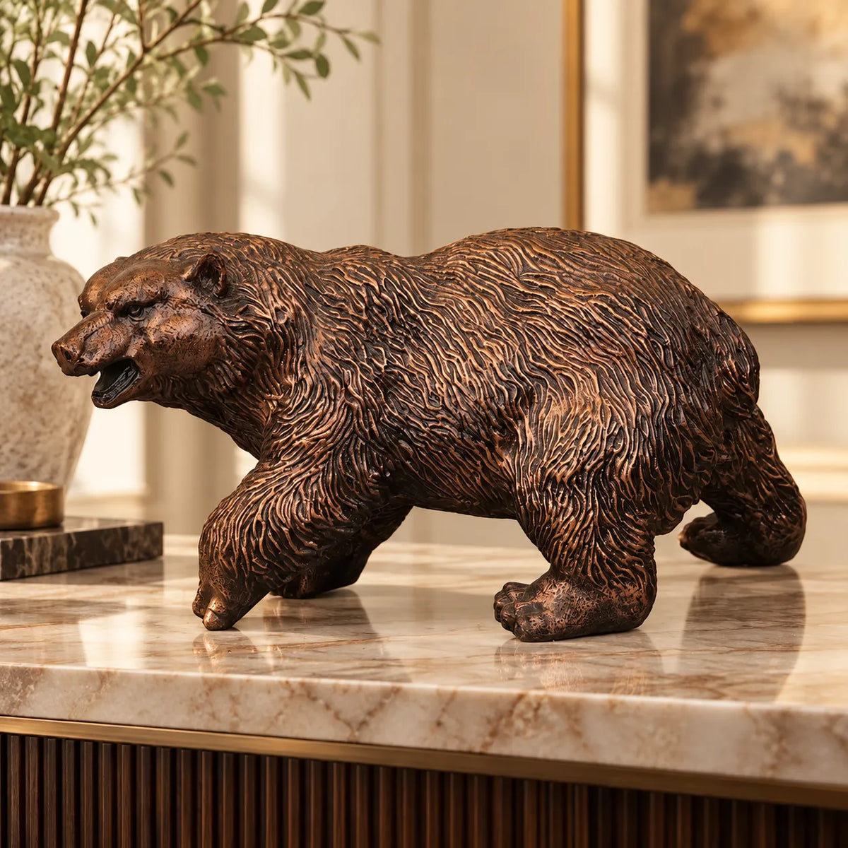 Royal Walking Grizzly Bear Decor Statue - Antique Copper