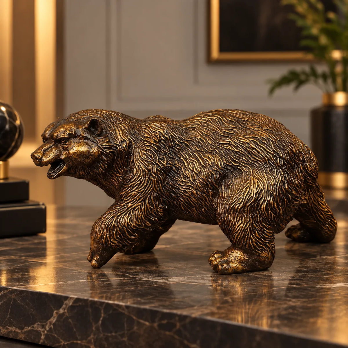 Royal Walking Grizzly Bear Decor Statue - Antique Golden