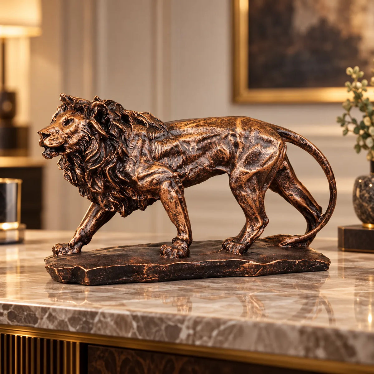 Regal Stalking Lion on Base Statue - Antique Copper