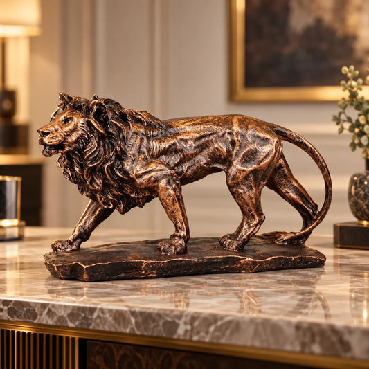 Regal Stalking Lion on Base Statue - Antique Copper