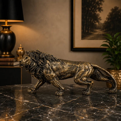 Stalking Lion Decor Statue - Antique Brass