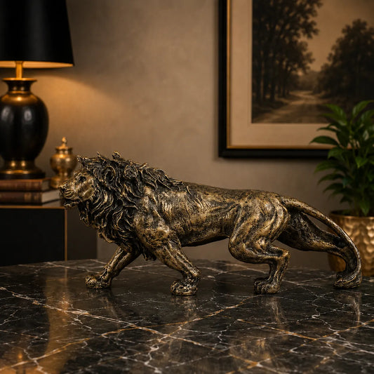 Stalking Lion Decor Statue - Antique Brass