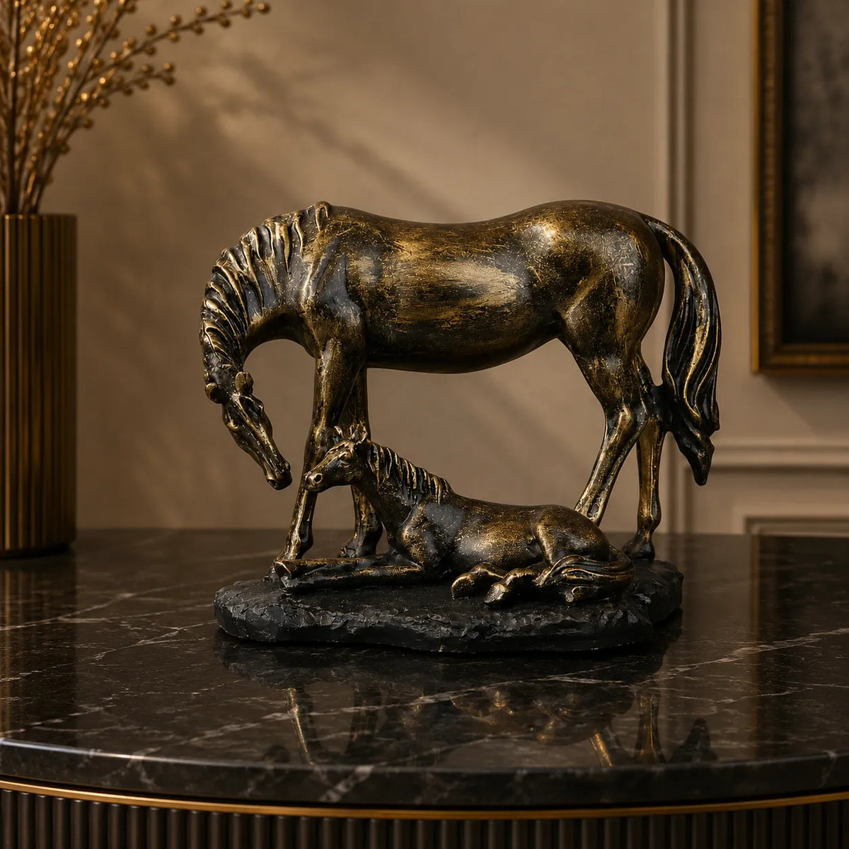 Royal Mare and Foal Decor Statue - Antique Brass