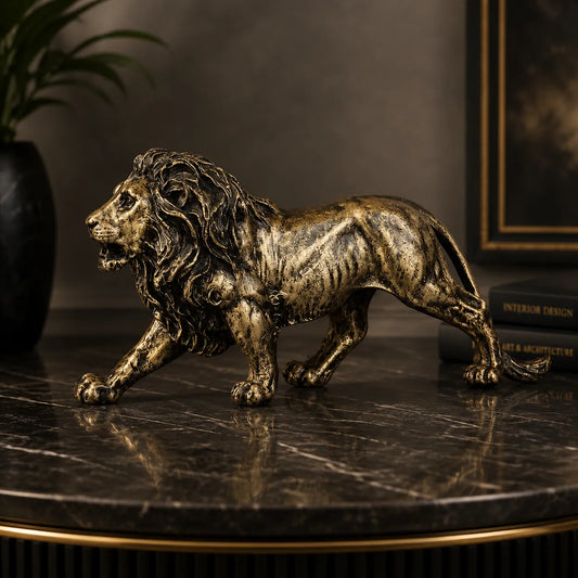 Majestic Stalking Lion Decor Statue - Antique Brass