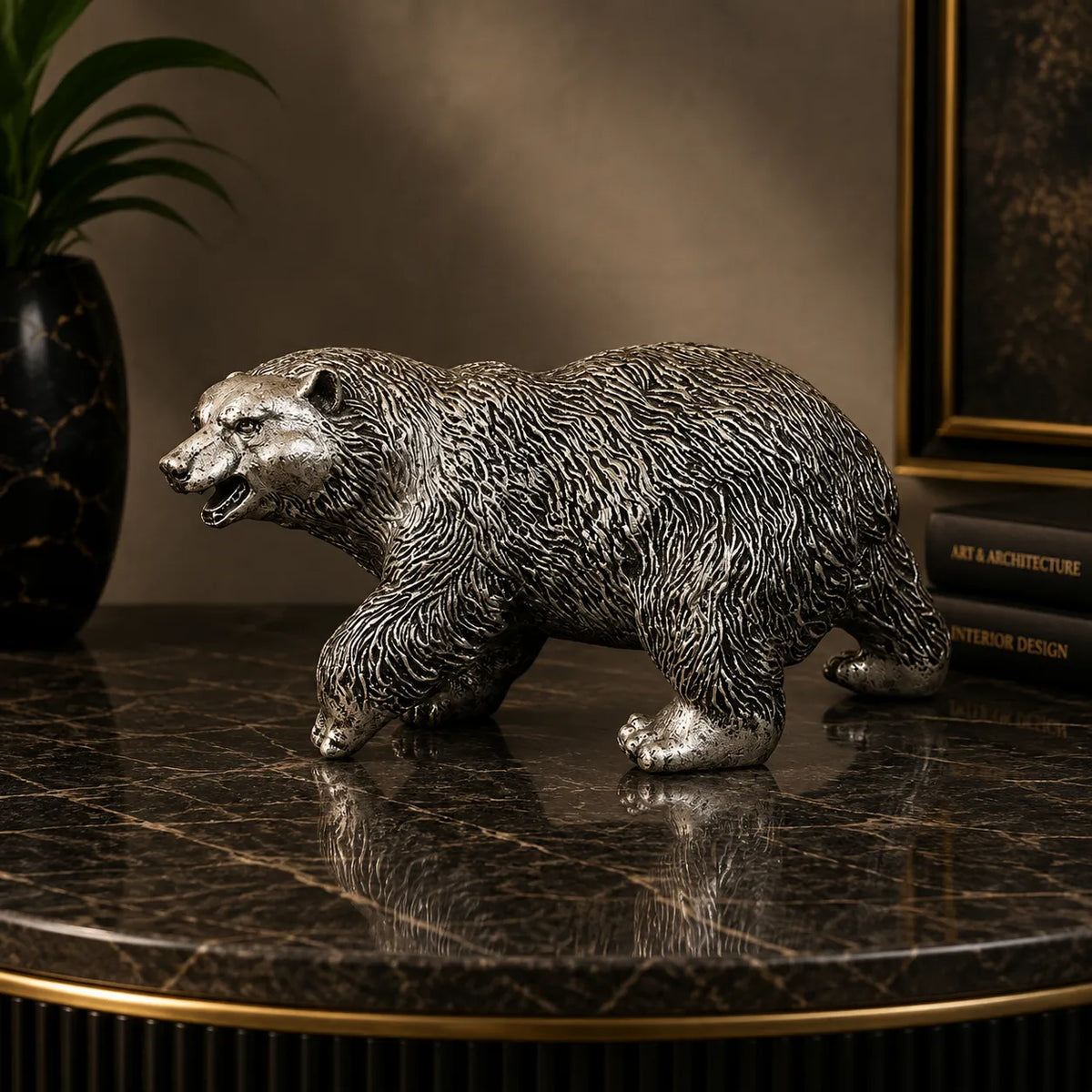 Royal Walking Grizzly Bear Decor Statue - Antique Silver