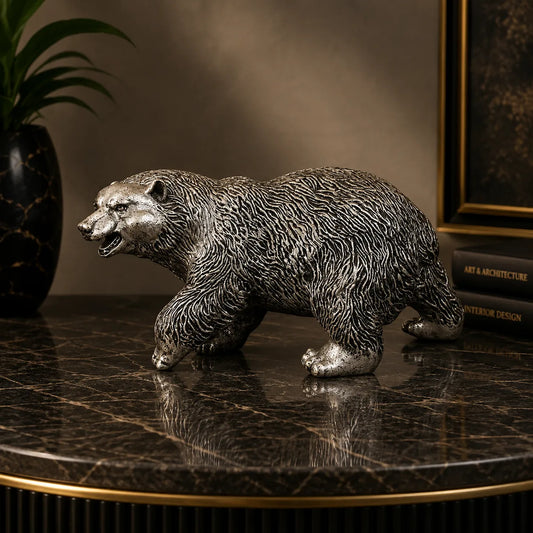 Royal Walking Grizzly Bear Decor Statue - Antique Silver