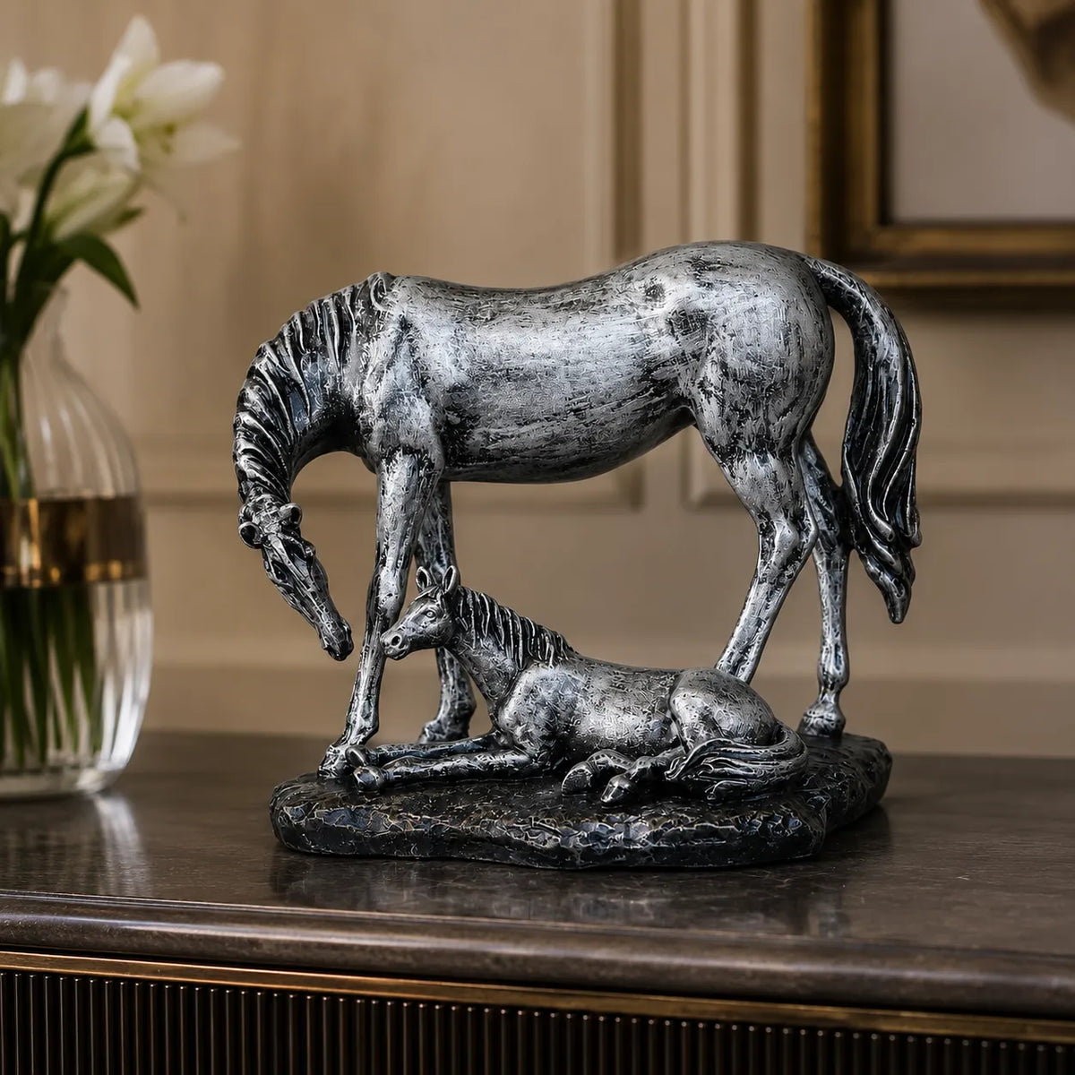 Royal Mare and Foal Decor Statue - Antique Silver