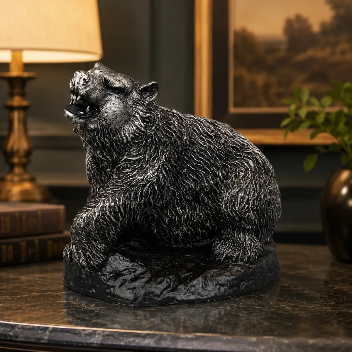 Royal Roaring Grizzly Bear Statue - Antique Silver