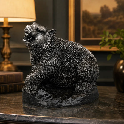 Royal Roaring Grizzly Bear Statue - Antique Silver