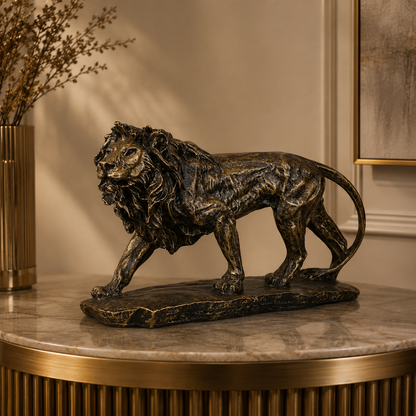 Regal Stalking Lion on Base Statue - Antique Brass
