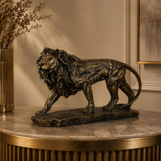 Regal Stalking Lion on Base Statue - Antique Brass