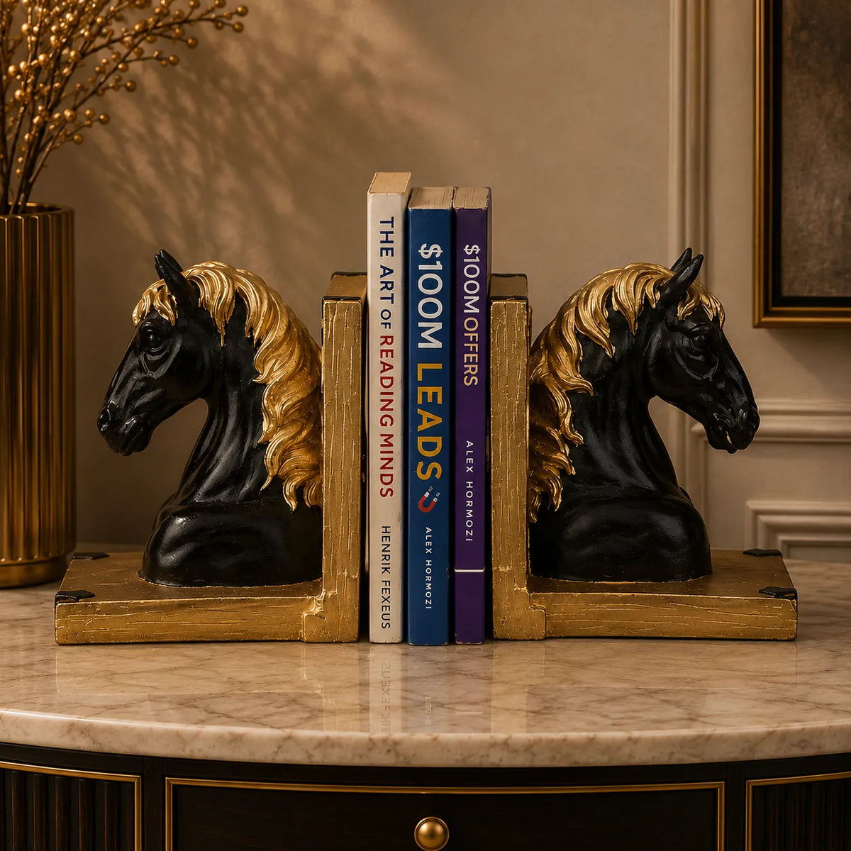 Royal Onyx & Gold Horse Head Bookends