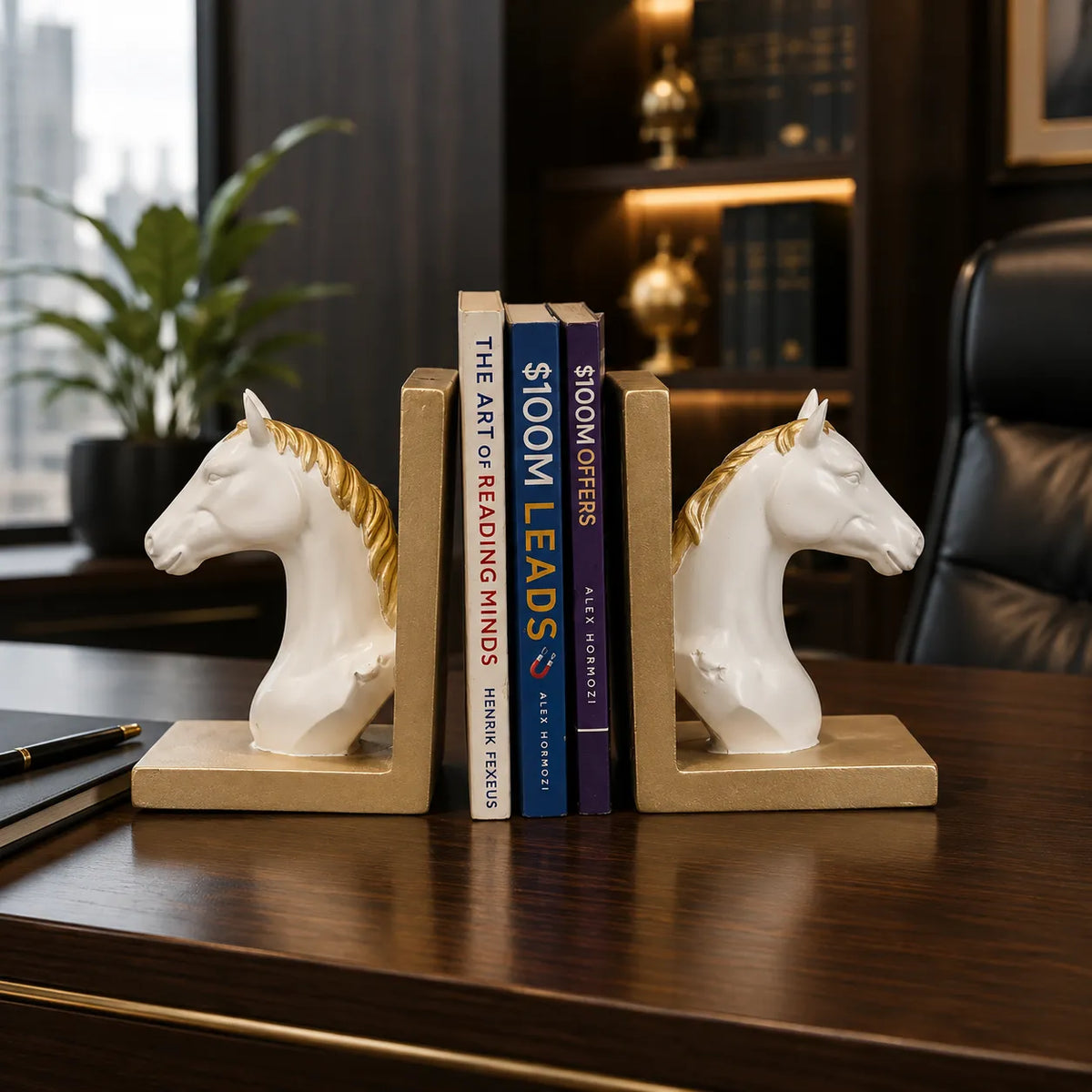 Royal Equestrian Horse Head Bookends - Golden White Edition