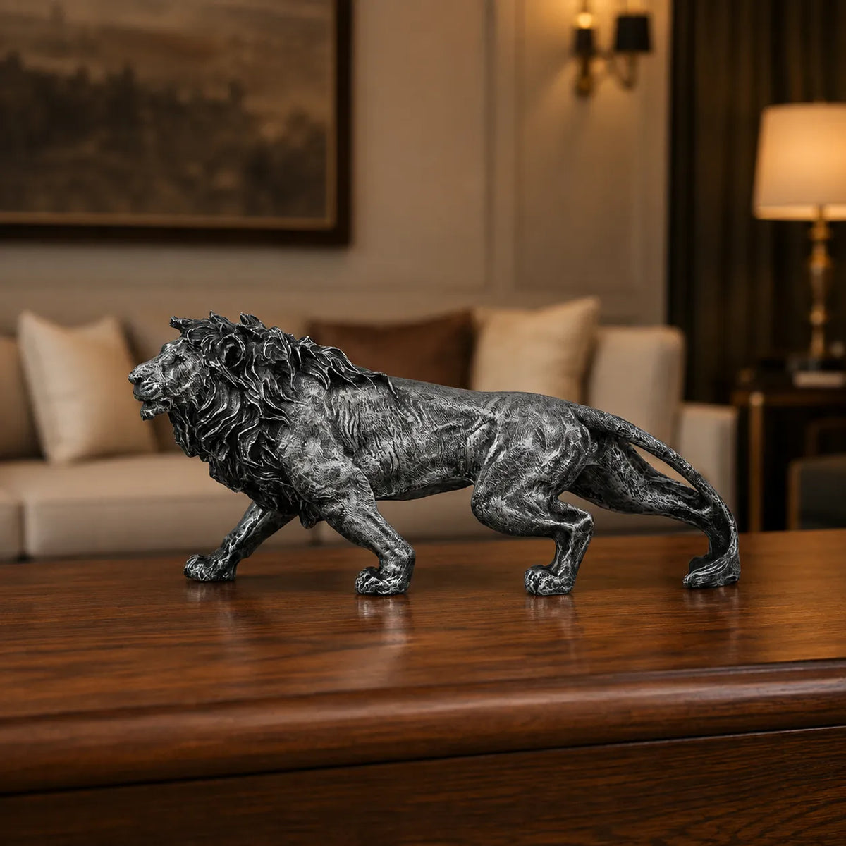 Stalking Lion Decor Statue - Antique Silver