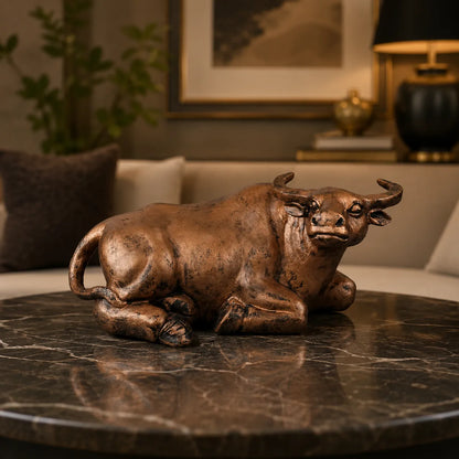 Majestic Resting Bull Decor Statue - Antique Copper