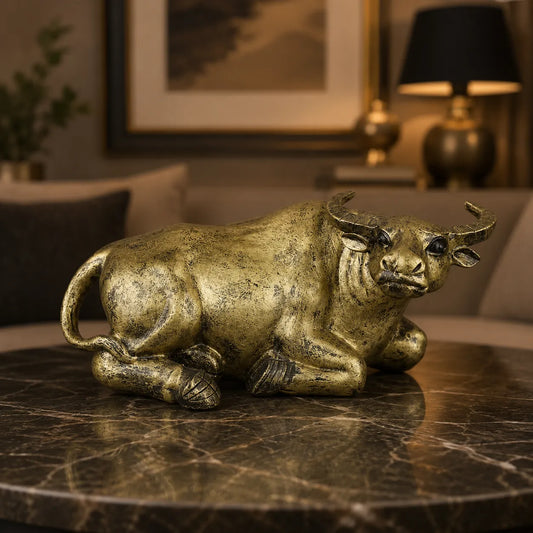 Majestic Resting Bull Decor Statue - Antique Brass