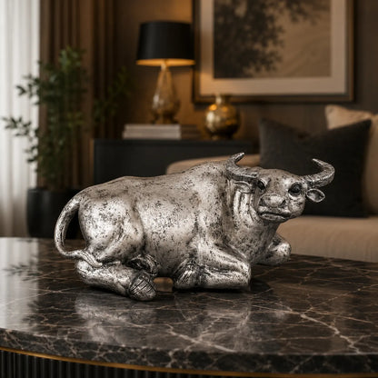Majestic Resting Bull Decor Statue - Antique Silver