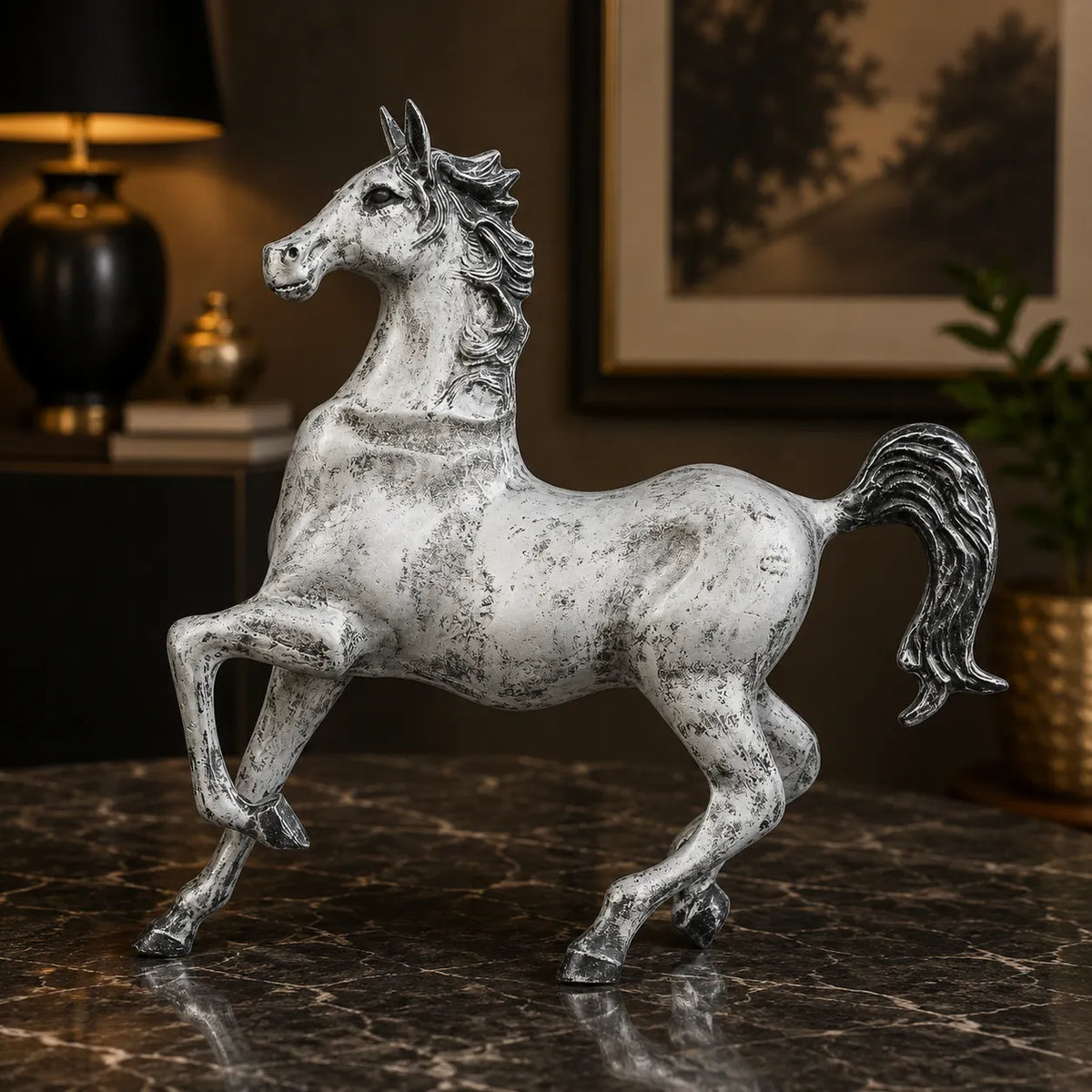 Dynamic Galloping Horse Decor Statue - Antique Silver