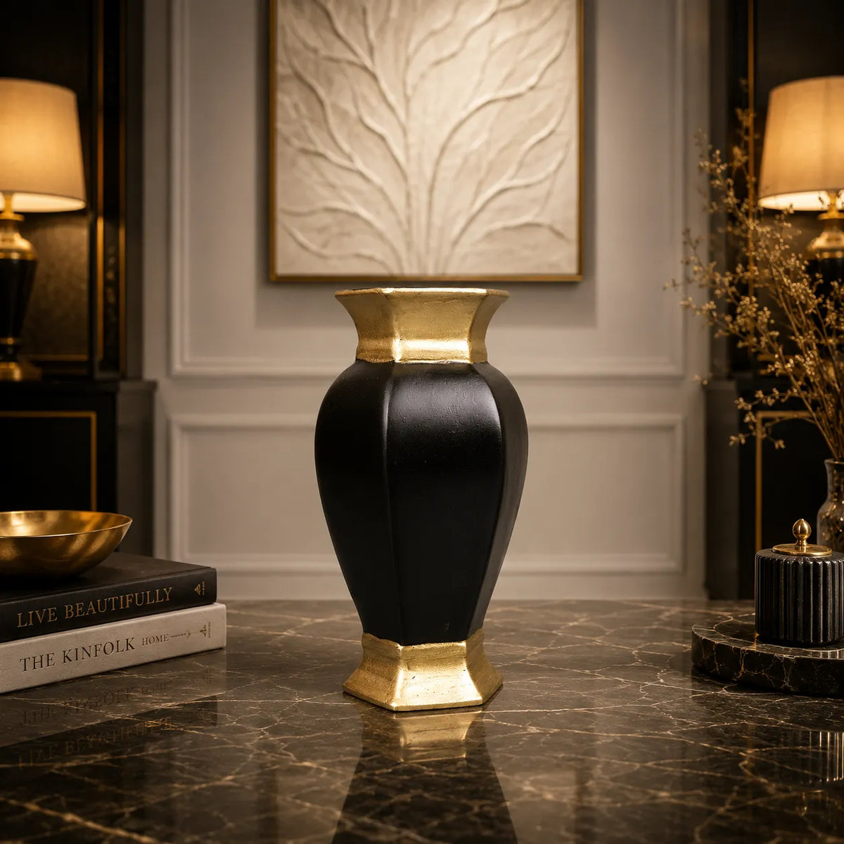 Royal Faceted Urn Vase - Black & Gold Collection