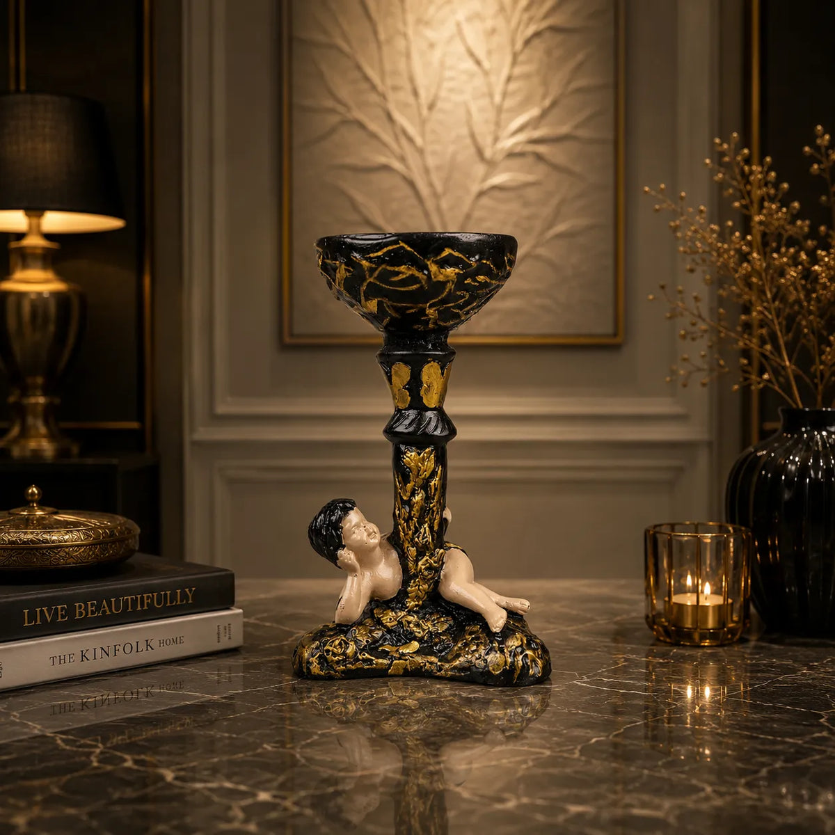 Royal Cherub Candle Holder - Black & Gold Collection