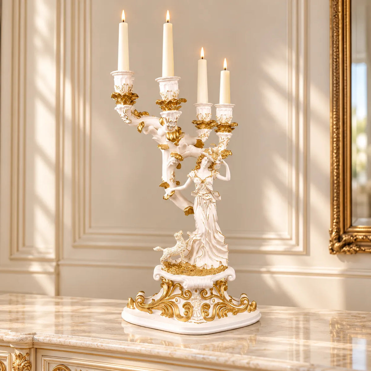 Royal Baroque Maiden Candelabra - White & Gold Collection