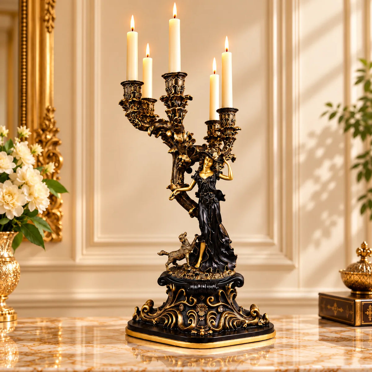Royal Baroque Maiden Candelabra - Black & Gold Collection