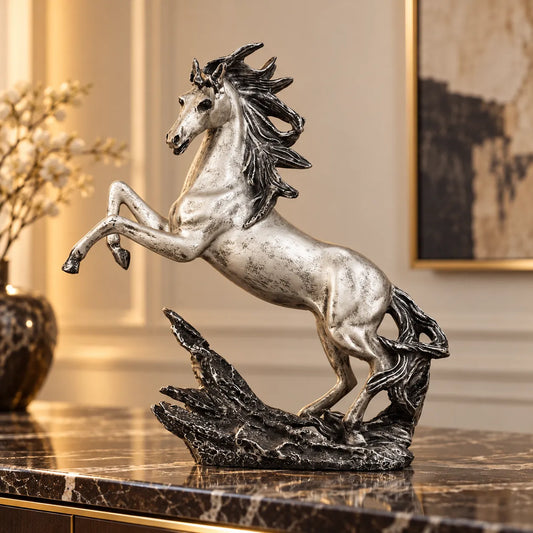 Dynamic Rearing Horse Decor Statue - Antique Silver