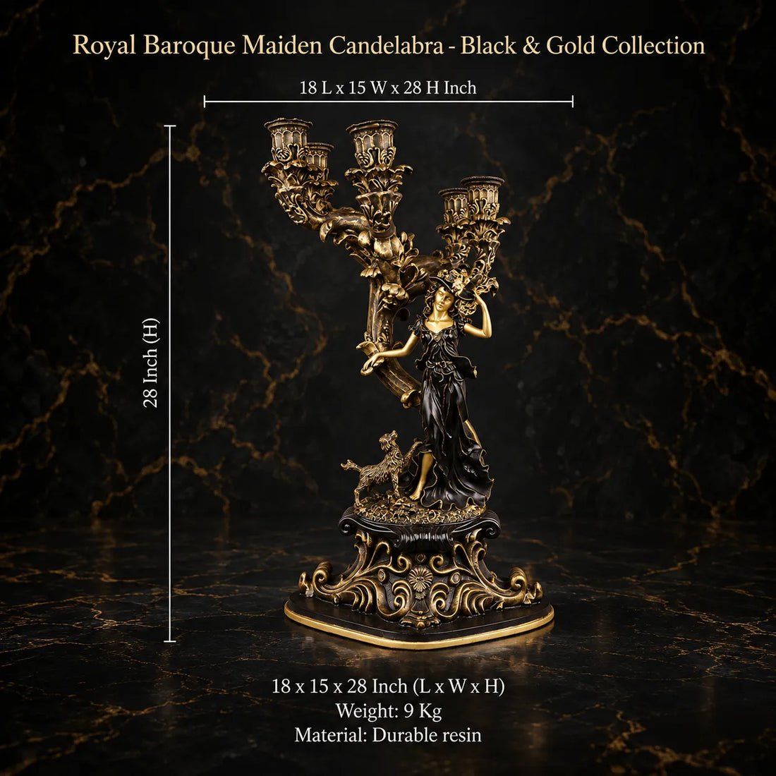 Royal Baroque Maiden Candelabra - Black & Gold Collection