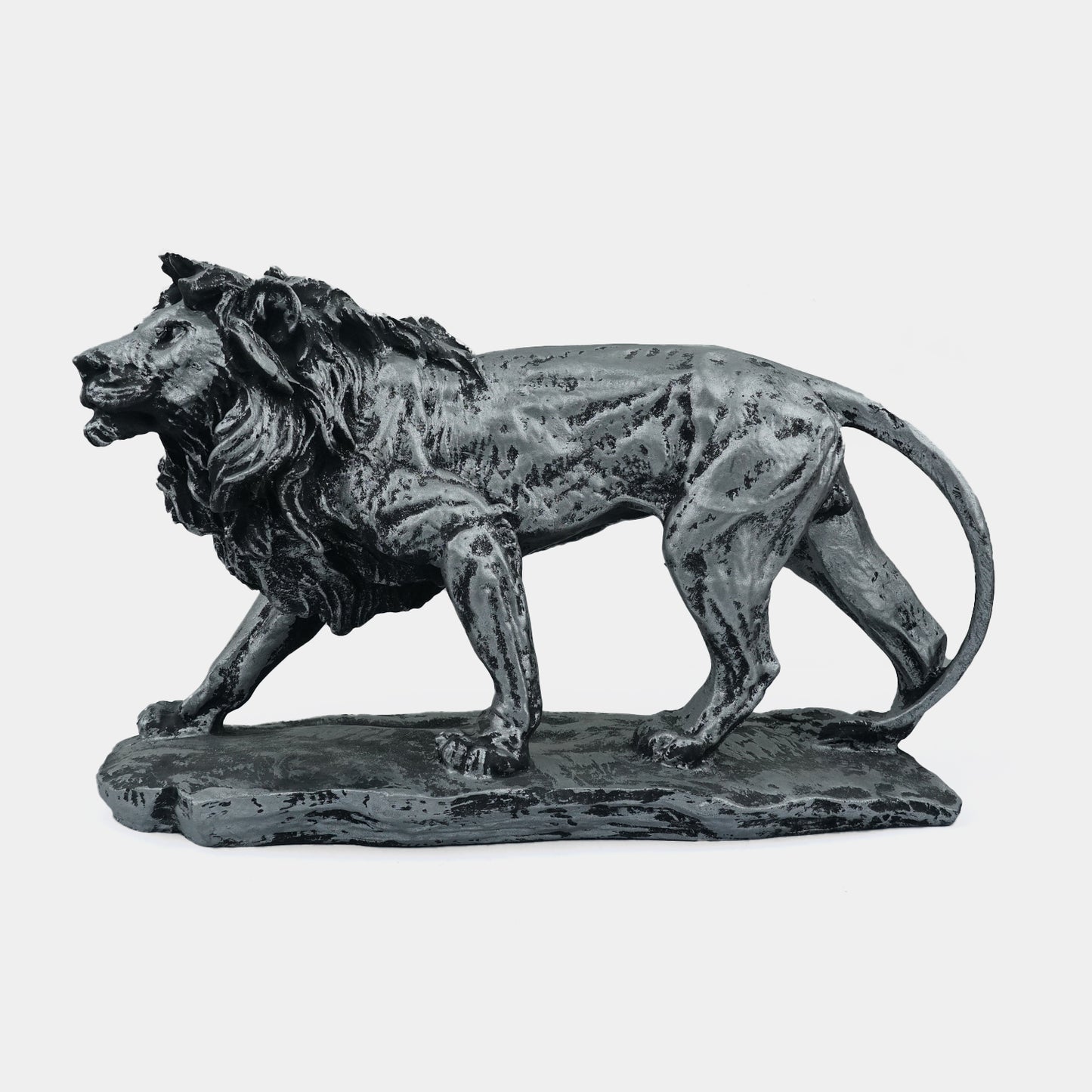 Regal Stalking Lion on Base Statue-antique silver