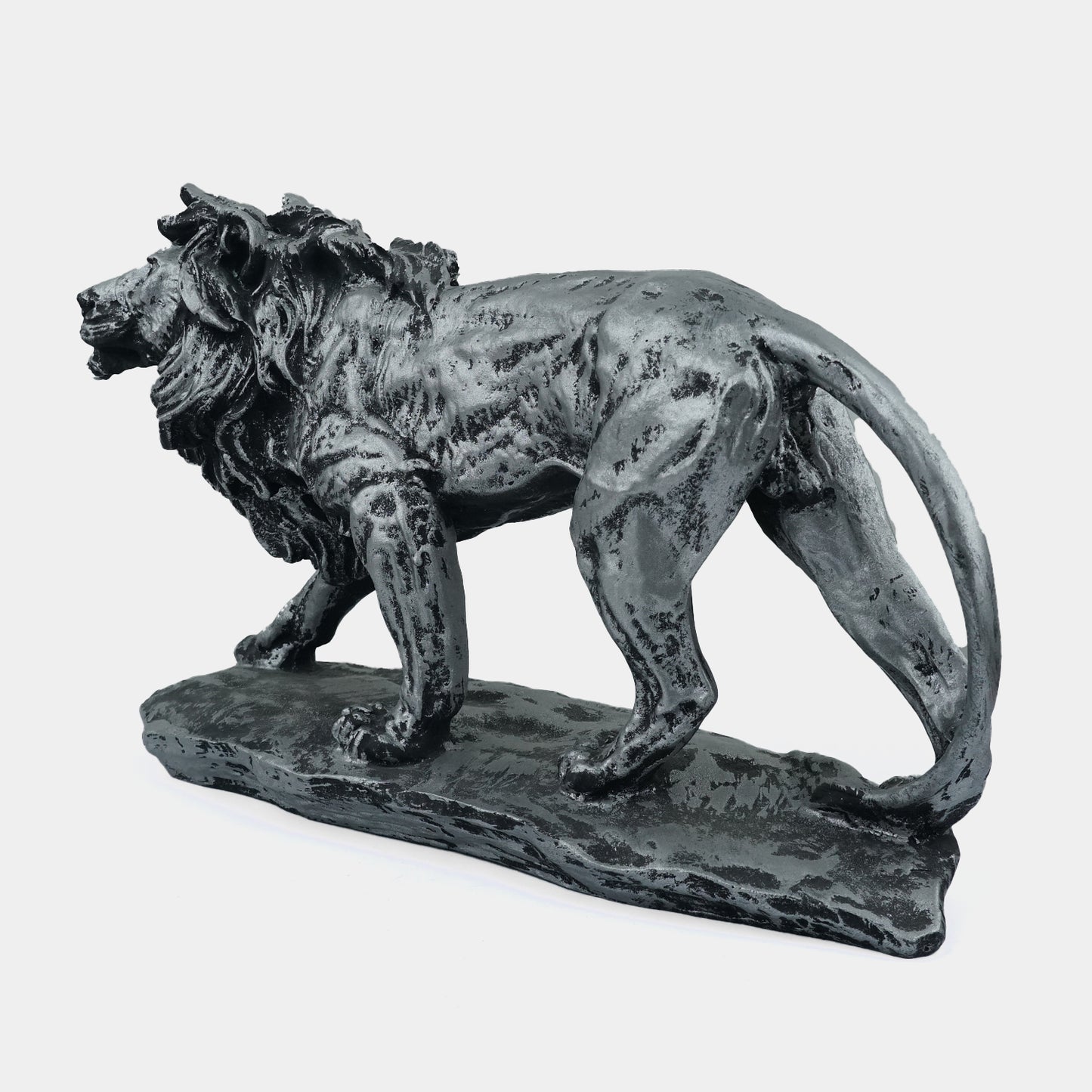 Regal Stalking Lion on Base Statue-antique silver