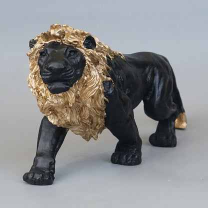 Regal Stalking Lion on Base Statue - Black & Gold