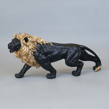 Regal Stalking Lion on Base Statue - Black & Gold