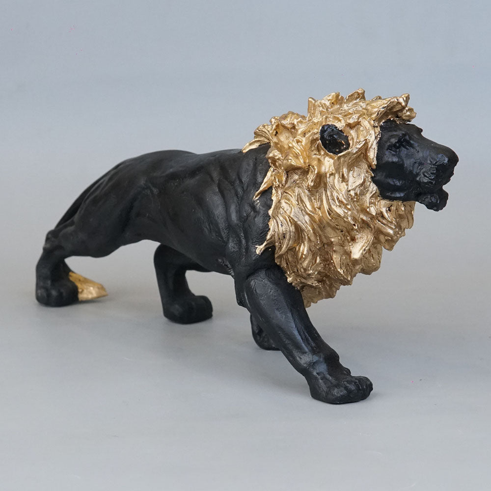 Regal Stalking Lion on Base Statue - Black & Gold
