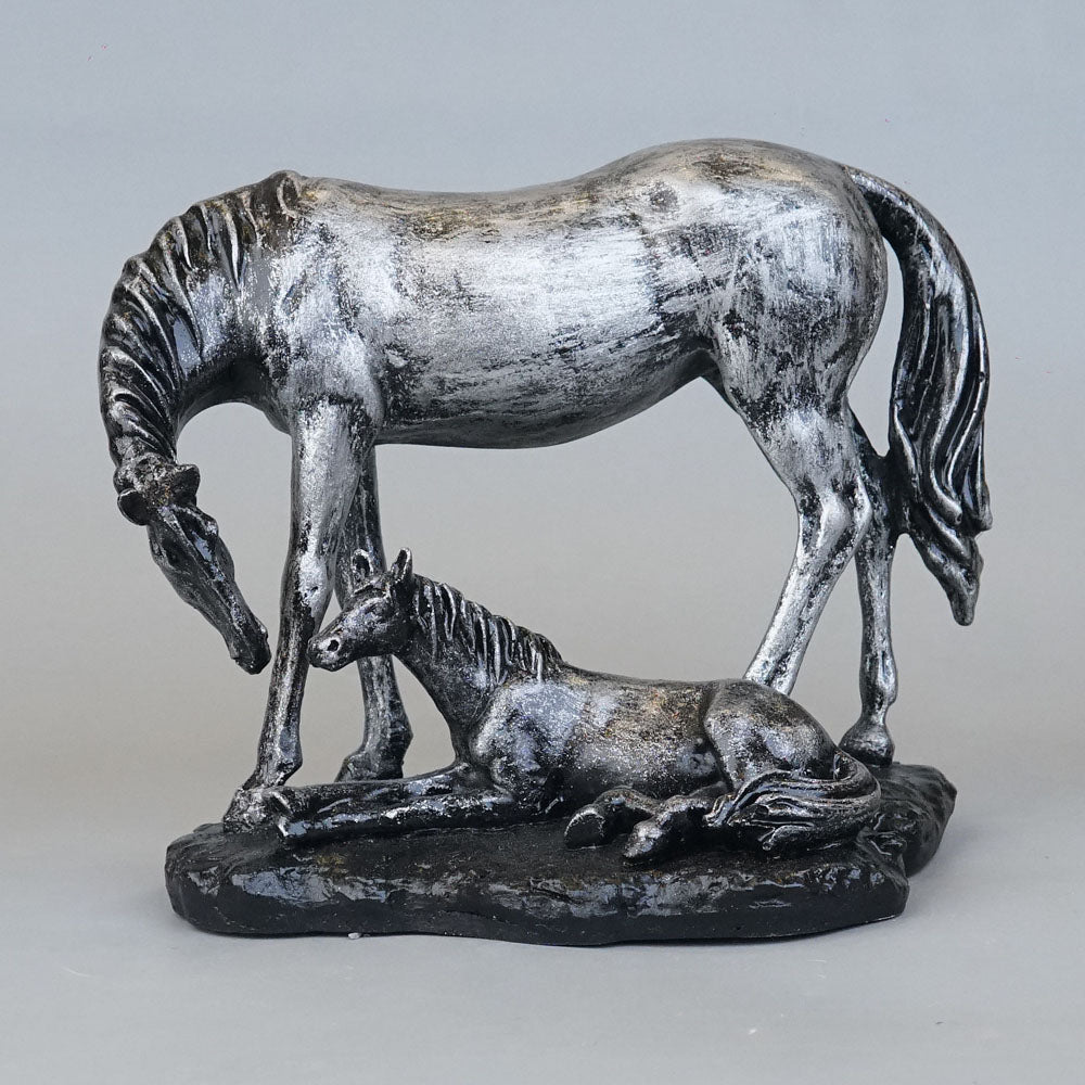 Royal Mare and Foal Decor Statue - Antique Silver