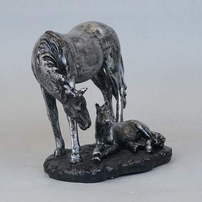 Royal Mare and Foal Decor Statue - Antique Silver