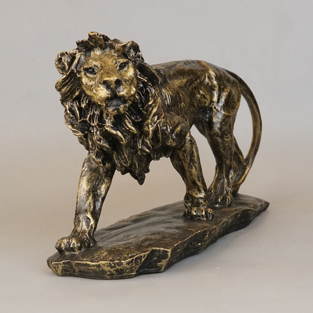 Regal Stalking Lion on Base Statue - Antique Brass