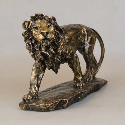 Regal Stalking Lion on Base Statue - Antique Brass