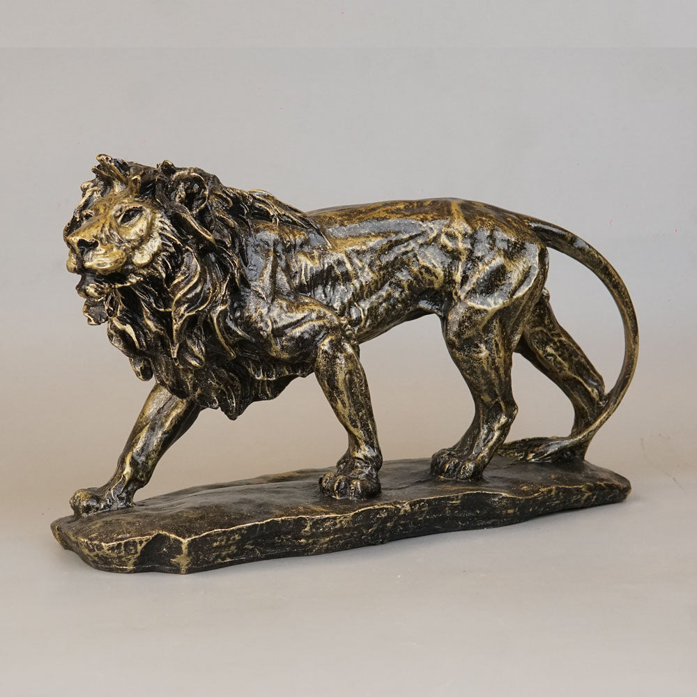 Regal Stalking Lion on Base Statue - Antique Brass