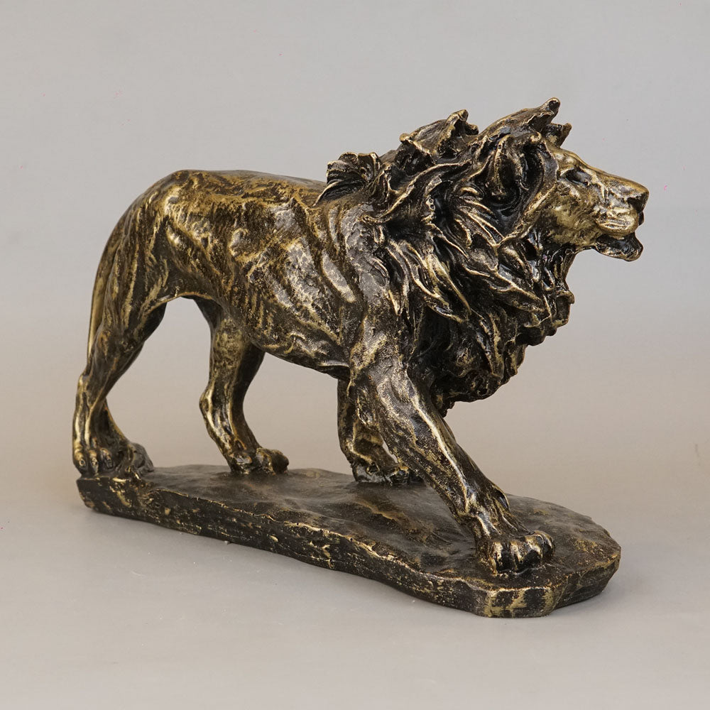 Regal Stalking Lion on Base Statue - Antique Brass