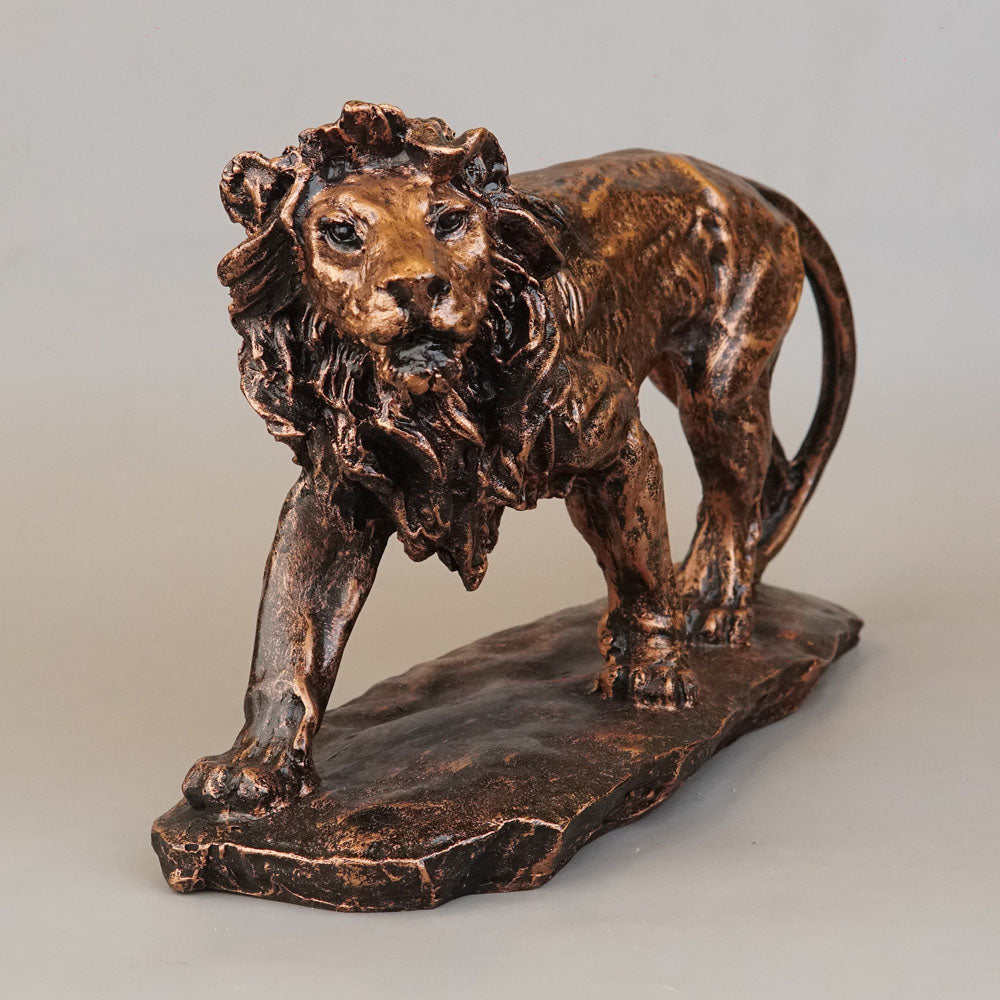 Regal Stalking Lion on Base Statue - Antique Copper
