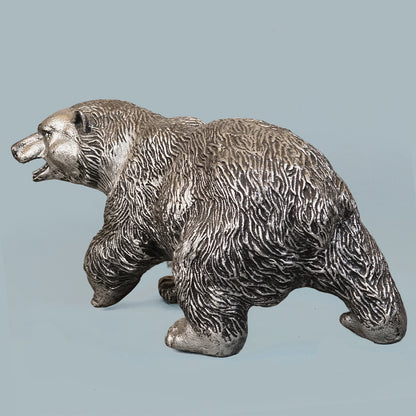 Royal Walking Grizzly Bear Decor Statue - Antique Silver